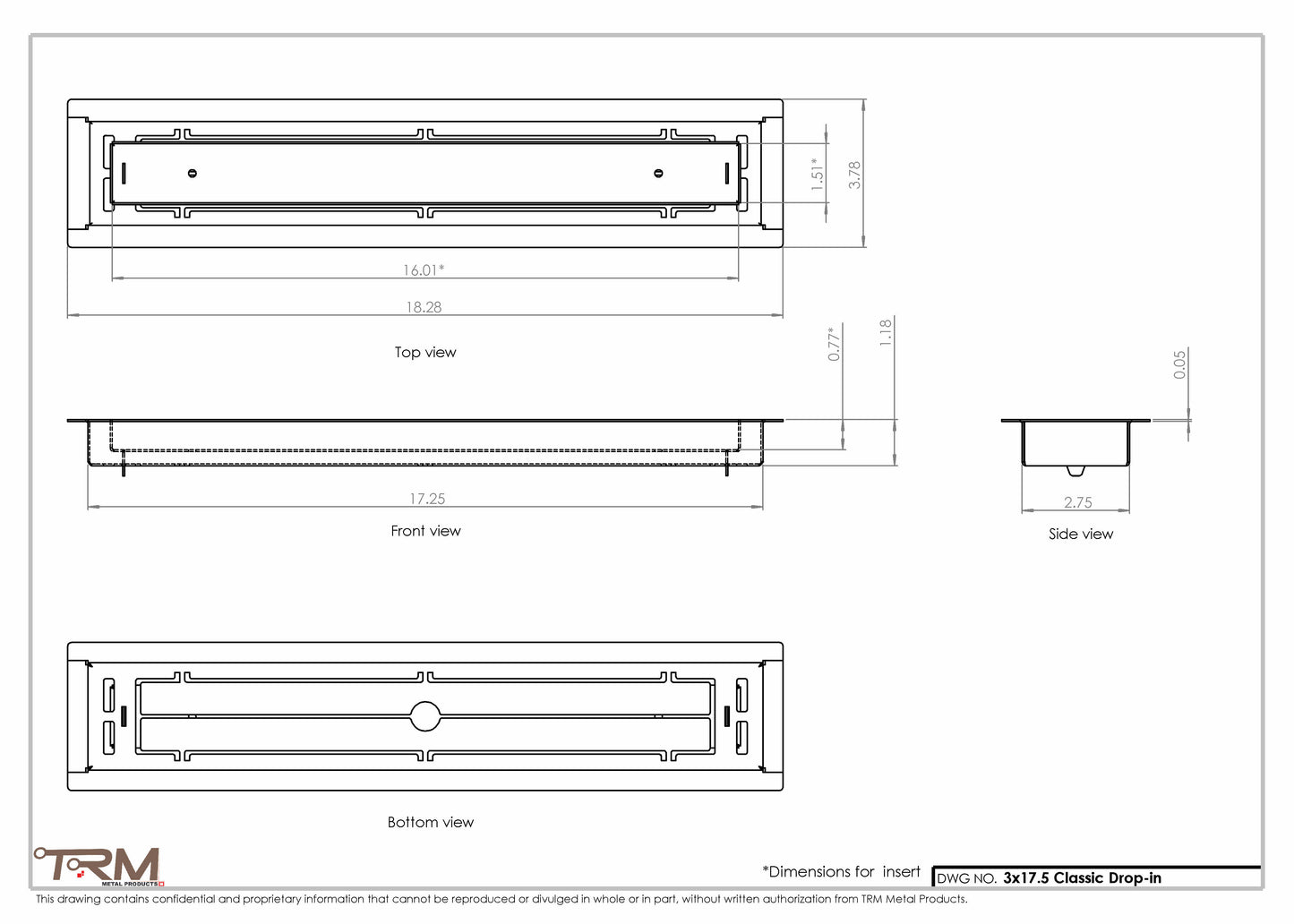 3x17.5 - Classic Drop-in Air Vent, Flush Floor-Matching, All Metal, Floor Vent Cover - TRM Metal  17.5x3