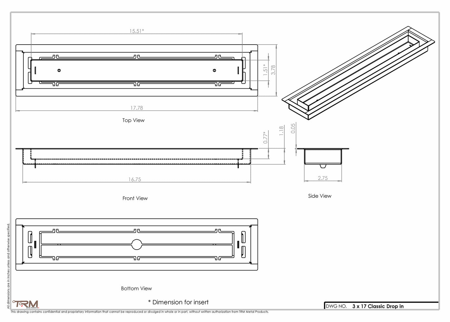 3x17 Classic Drop-in Air Vent, Flush Floor-Matching, All Metal, Floor Vent Cover (17x3)