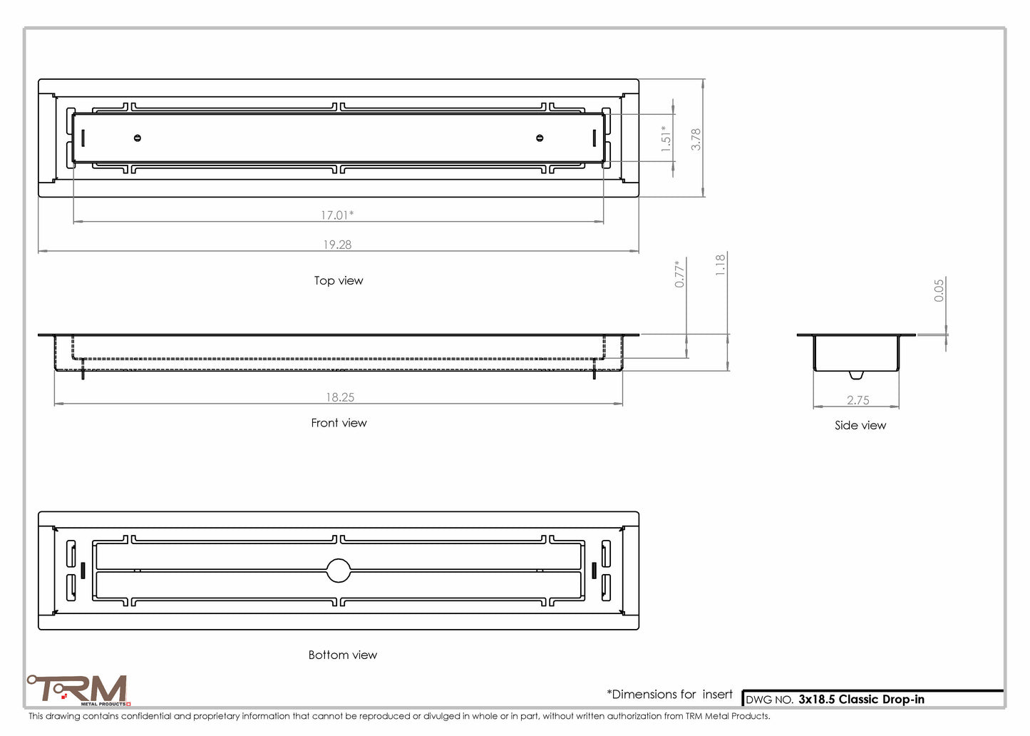 3x18.5 - Classic Drop-in Air Vent, Flush Floor-Matching, All Metal, Floor Vent Cover - TRM Metal  18.5x3