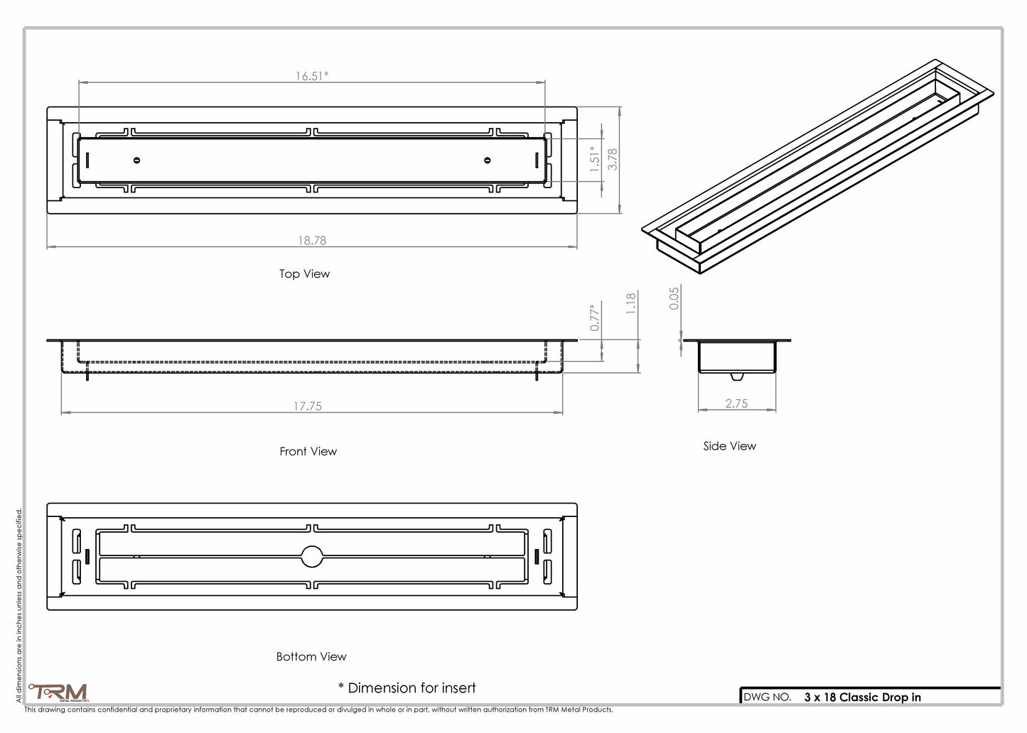 3x18 Classic Drop-in Air Vent, Flush Floor-Matching, All Metal, Floor Vent Cover (18x3)