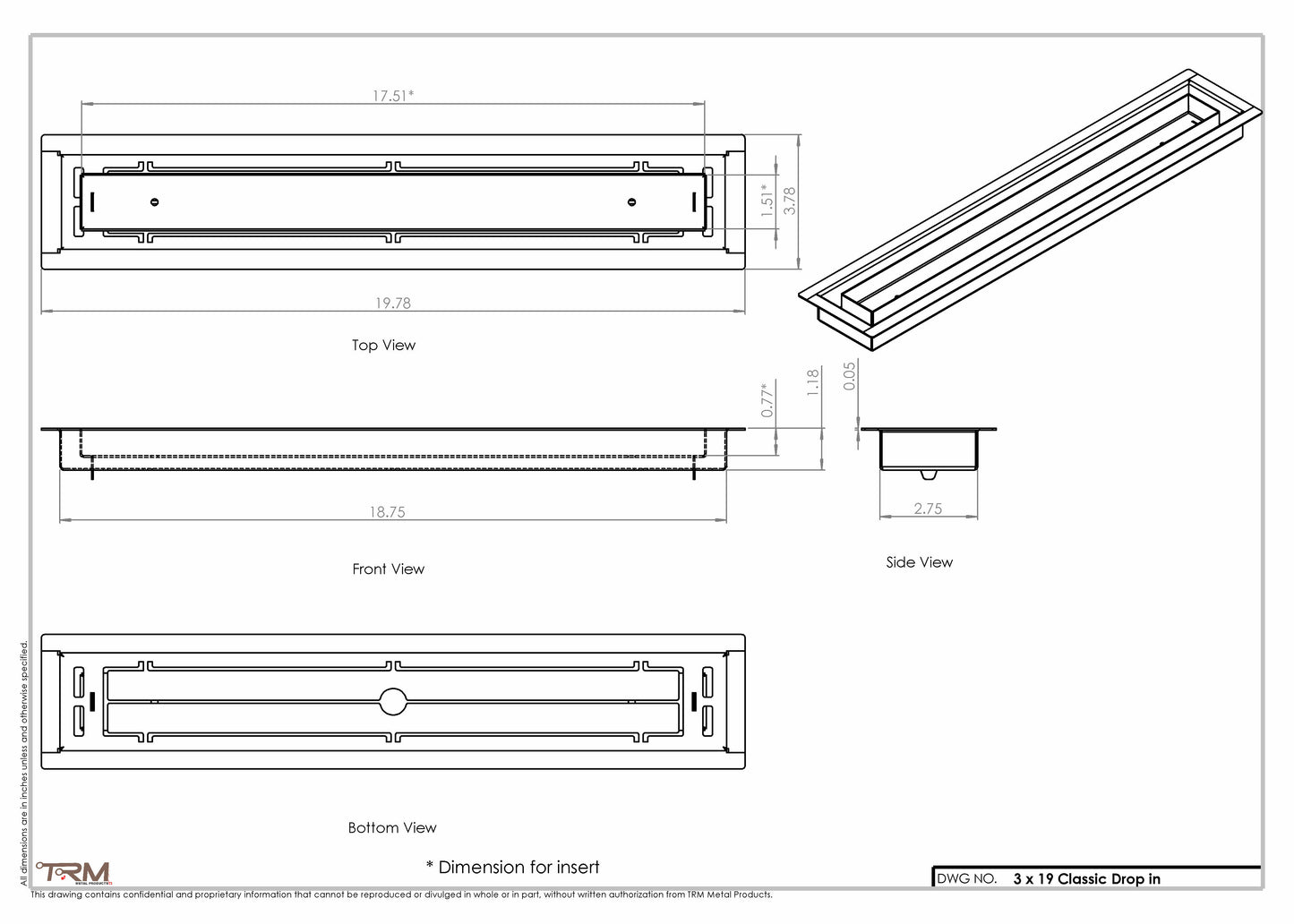 3x19 Classic Drop-in Air Vent, Flush Floor-Matching, All Metal, Floor Vent Cover (19x3)