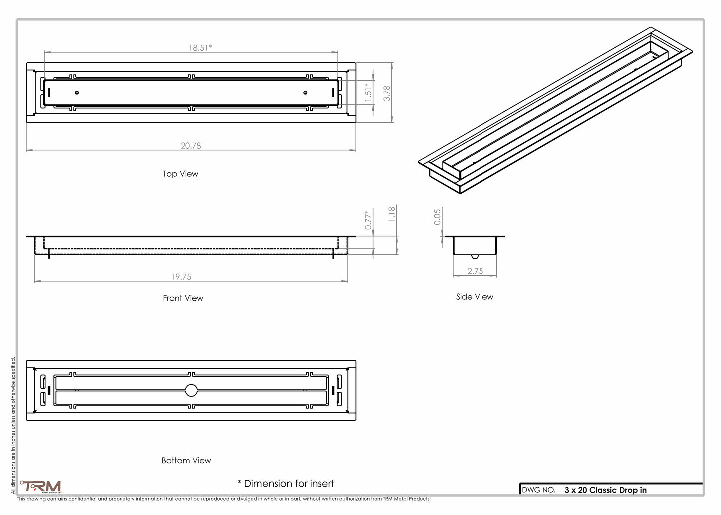 3x20 Classic Drop-in Air Vent, Flush Floor-Matching, All Metal, Floor Vent Cover (20x3)
