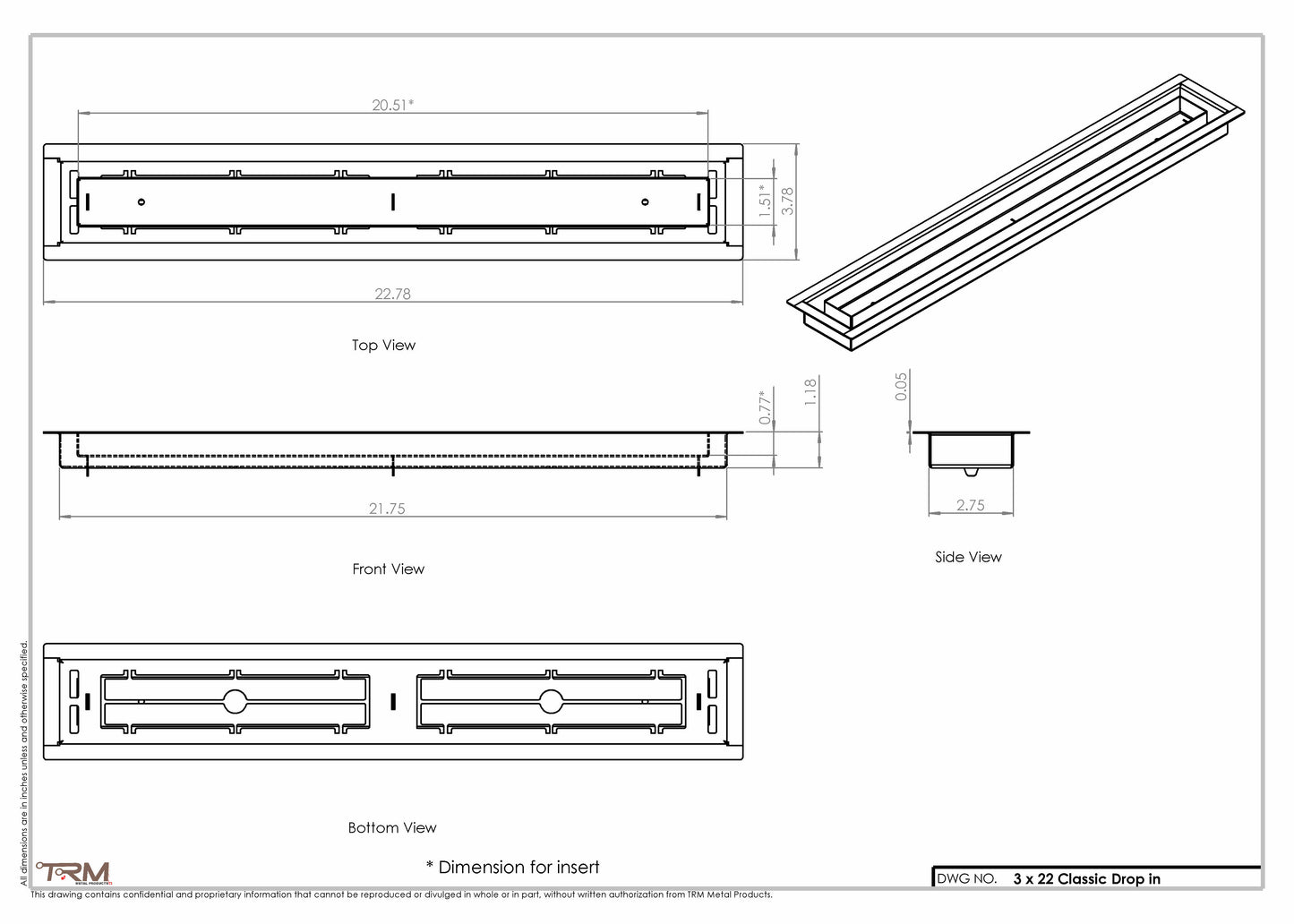 3x22 Classic Drop-in Air Vent, Flush Floor-Matching, All Metal, Floor Vent Cover (22x3)