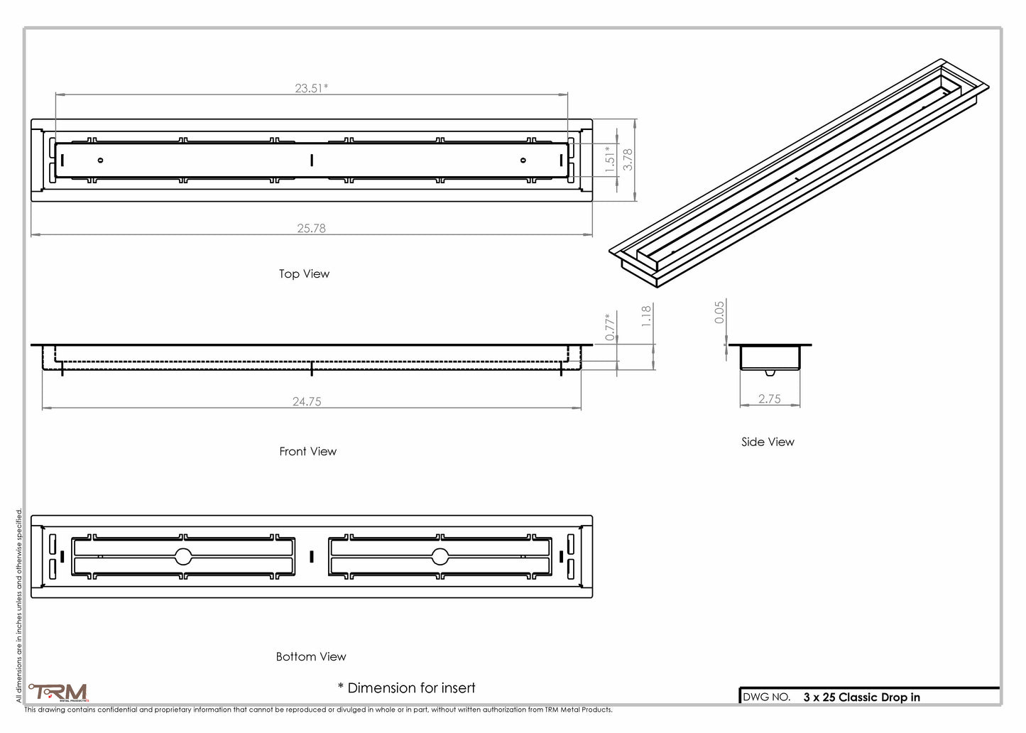 3x25 Classic Drop-in Air Vent, Flush Floor-Matching, All Metal, Floor Vent Cover (25x3)