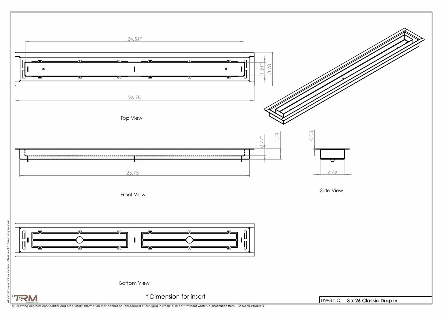 3x26 Classic Drop-in Air Vent, Flush Floor-Matching, All Metal, Floor Vent Cover (26x3)