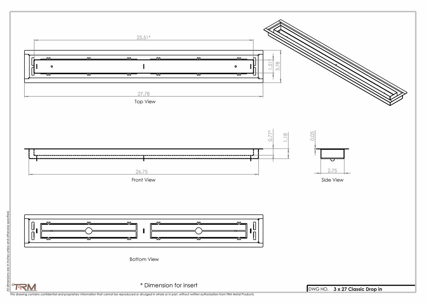 3x27 Classic Drop-in Air Vent, Flush Floor-Matching, All Metal, Floor Vent Cover (27x3)