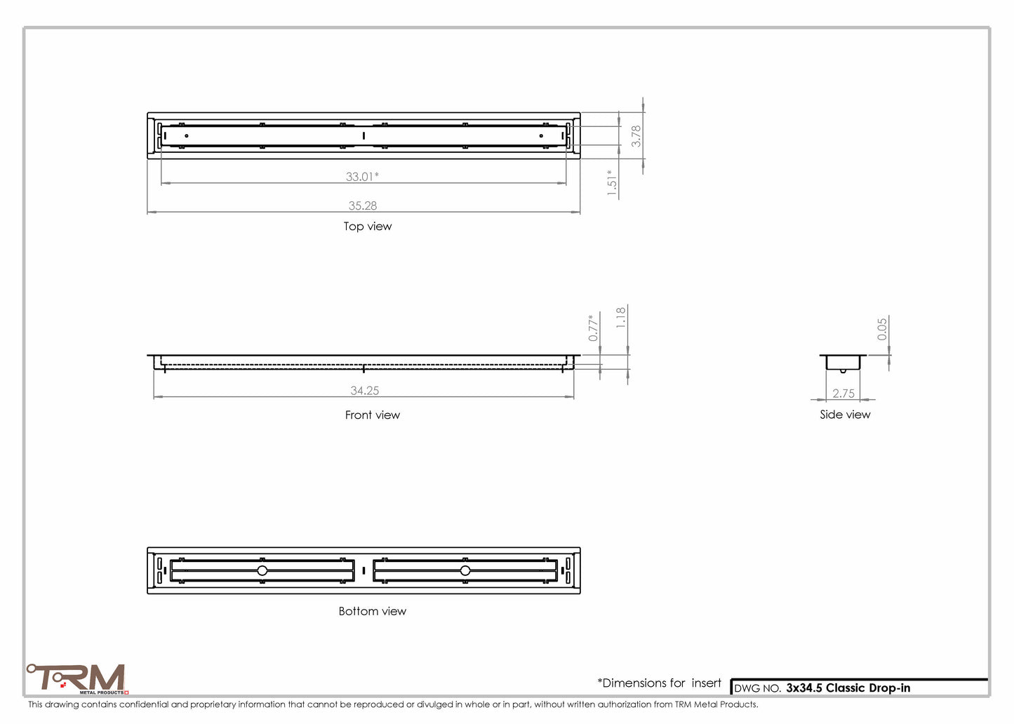 3x34.5 - Classic Drop-in Air Vent, Flush Floor-Matching, All Metal, Floor Vent Cover - TRM Metal  34.5x3