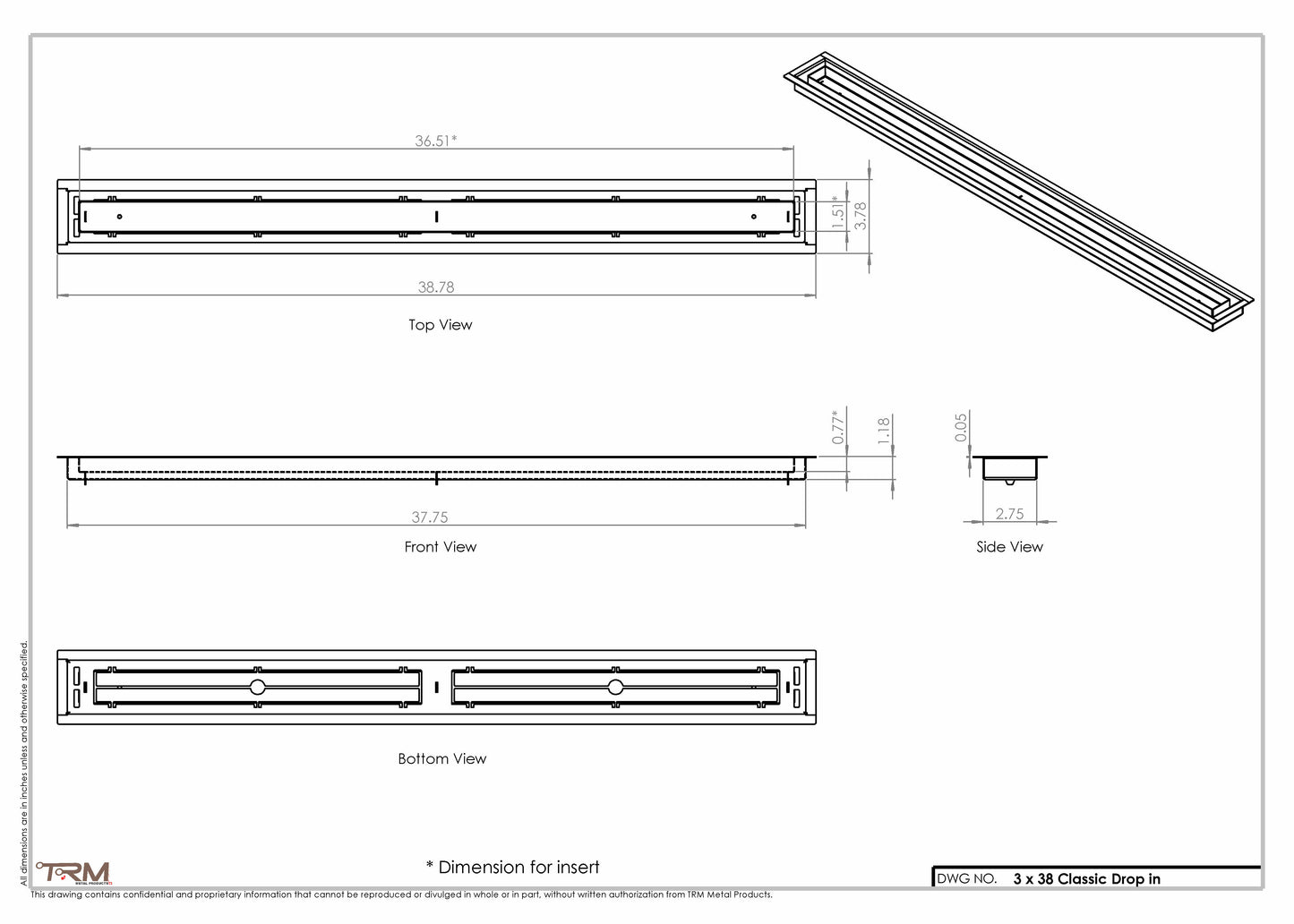 3x38 Classic Drop-in Air Vent, Flush Floor-Matching, All Metal, Floor Vent Cover (38x3)