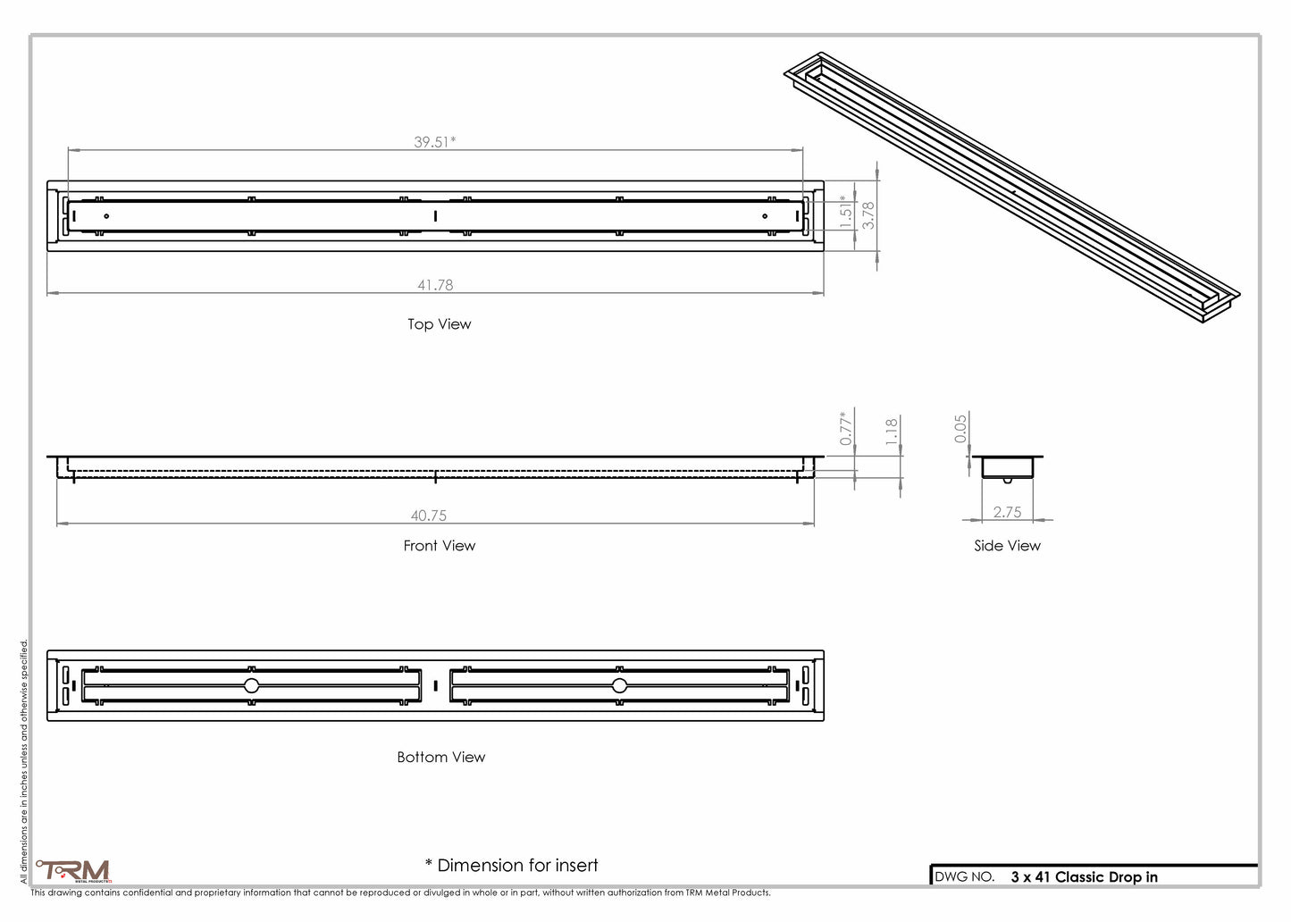 3x41 Classic Drop-in Air Vent, Flush Floor-Matching, All Metal, Floor Vent Cover (41x3)