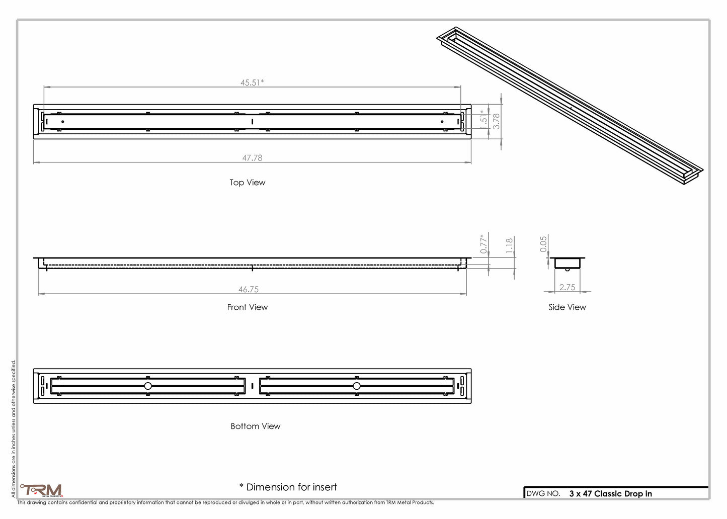 3x47 Classic Drop-in Air Vent, Flush Floor-Matching, All Metal, Floor Vent Cover (47x3)
