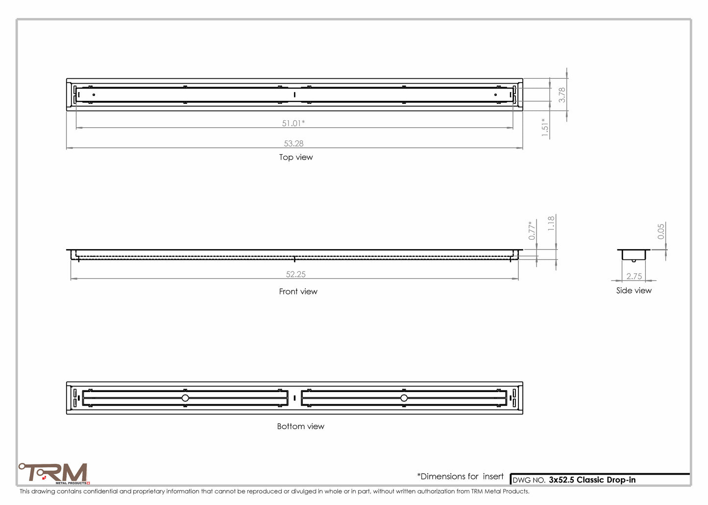 3x52.5 - Classic Drop-in Air Vent, Flush Floor-Matching, All Metal, Floor Vent Cover - TRM Metal  52.5x3