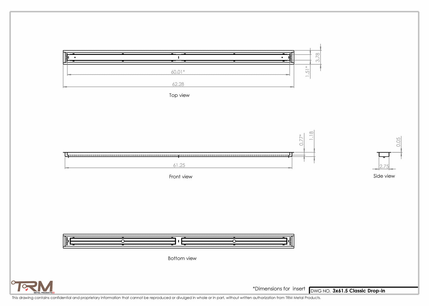 3x61.5 - Classic Drop-in Air Vent, Flush Floor-Matching, All Metal, Floor Vent Cover - TRM Metal  61.5x3