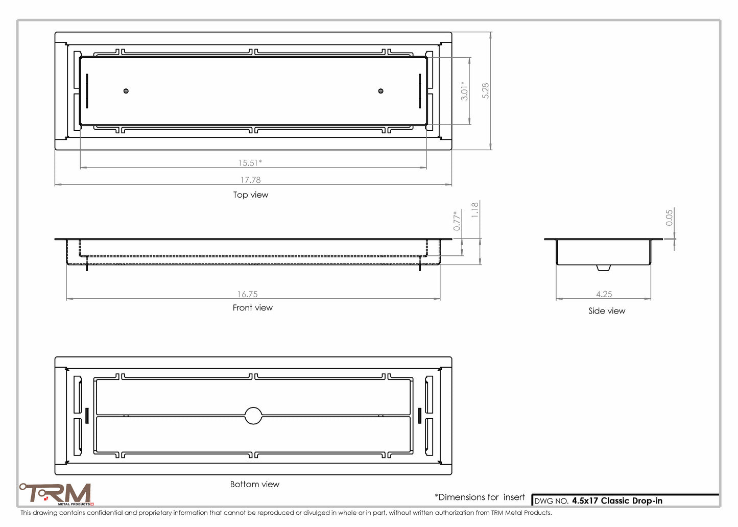 4.5x17 - Classic Drop-in Air Vent, Flush Floor-Matching, All Metal, Floor Vent Cover - TRM Metal  17x4.5