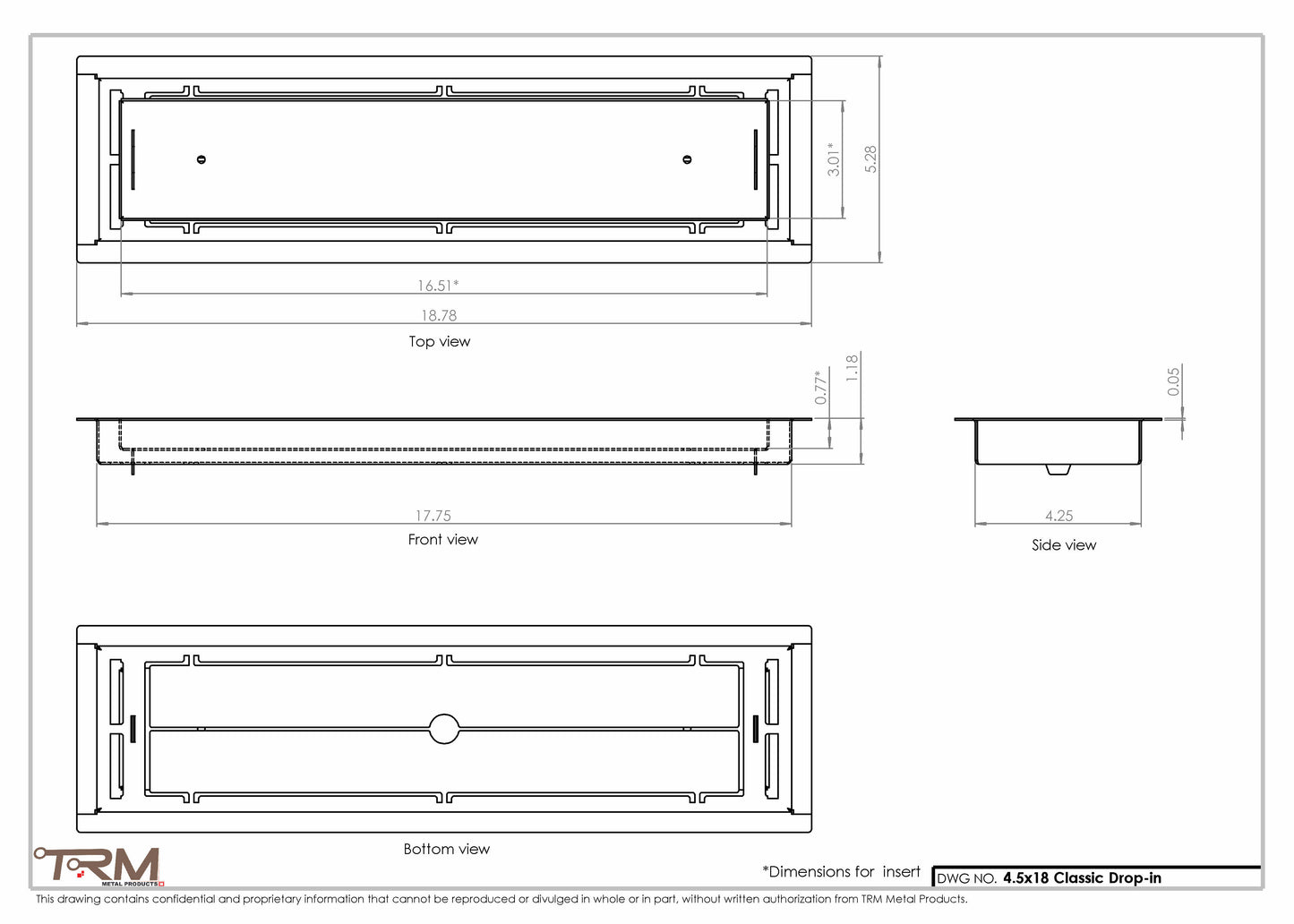 4.5x18 - Classic Drop-in Air Vent, Flush Floor-Matching, All Metal, Floor Vent Cover - TRM Metal  18x4.5