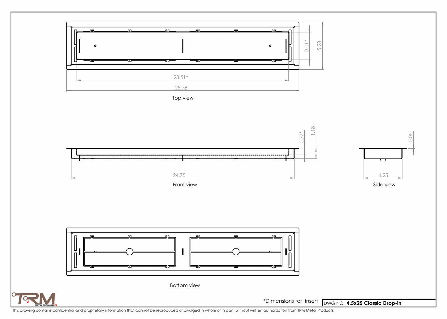 4.5x25 - Classic Drop-in Air Vent, Flush Floor-Matching, All Metal, Floor Vent Cover - TRM Metal  25x4.5