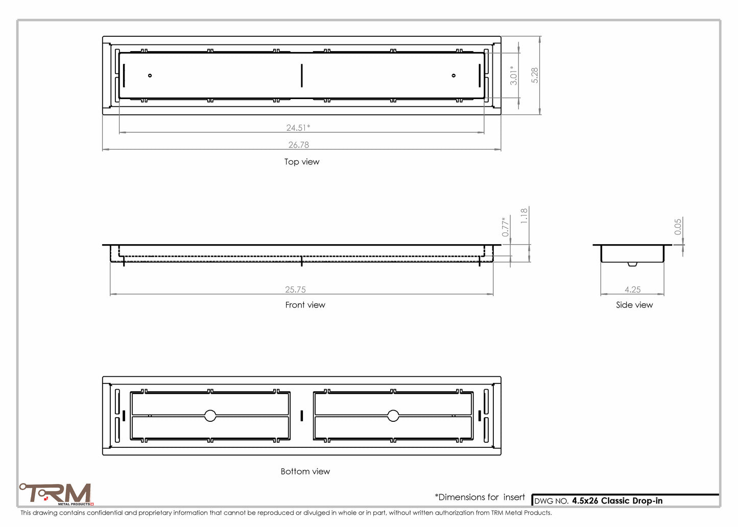 4.5x26 - Classic Drop-in Air Vent, Flush Floor-Matching, All Metal, Floor Vent Cover - TRM Metal  26x4.5