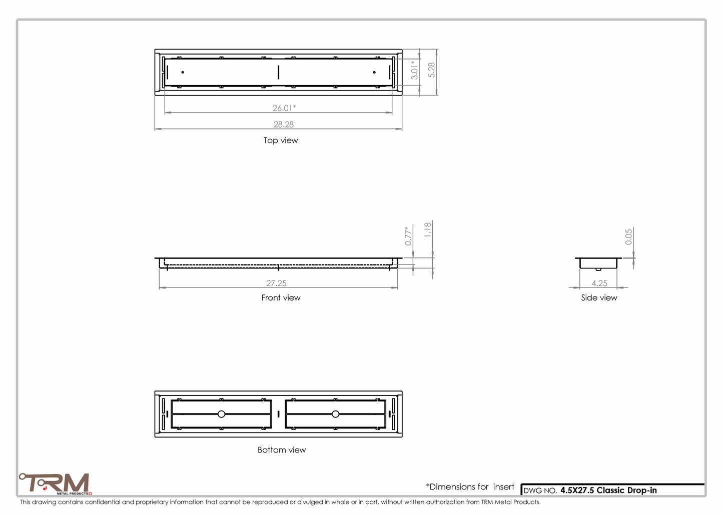 4.5x27.5 - Classic Drop-in Air Vent, Flush Floor-Matching, All Metal, Floor Vent Cover - TRM Metal  27.5x4.5