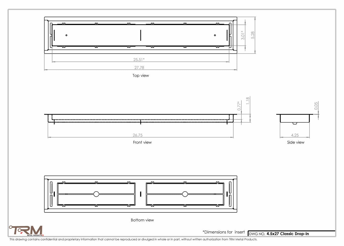 4.5x27 - Classic Drop-in Air Vent, Flush Floor-Matching, All Metal, Floor Vent Cover - TRM Metal  27x4.5