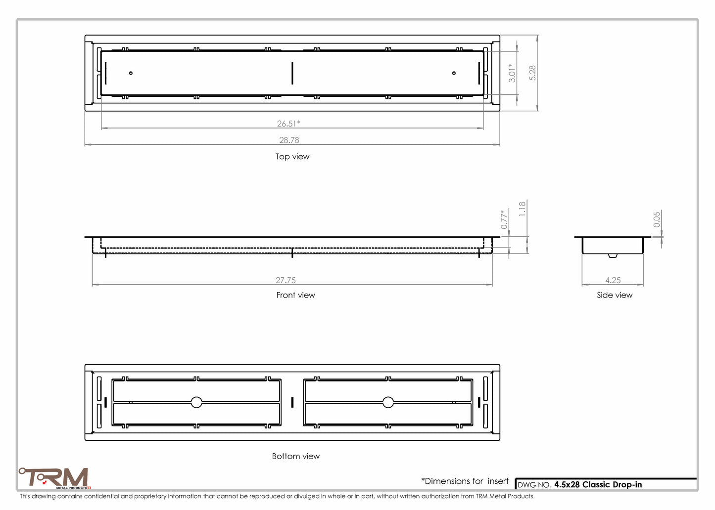 4.5x28 - Classic Drop-in Air Vent, Flush Floor-Matching, All Metal, Floor Vent Cover - TRM Metal  28x4.5