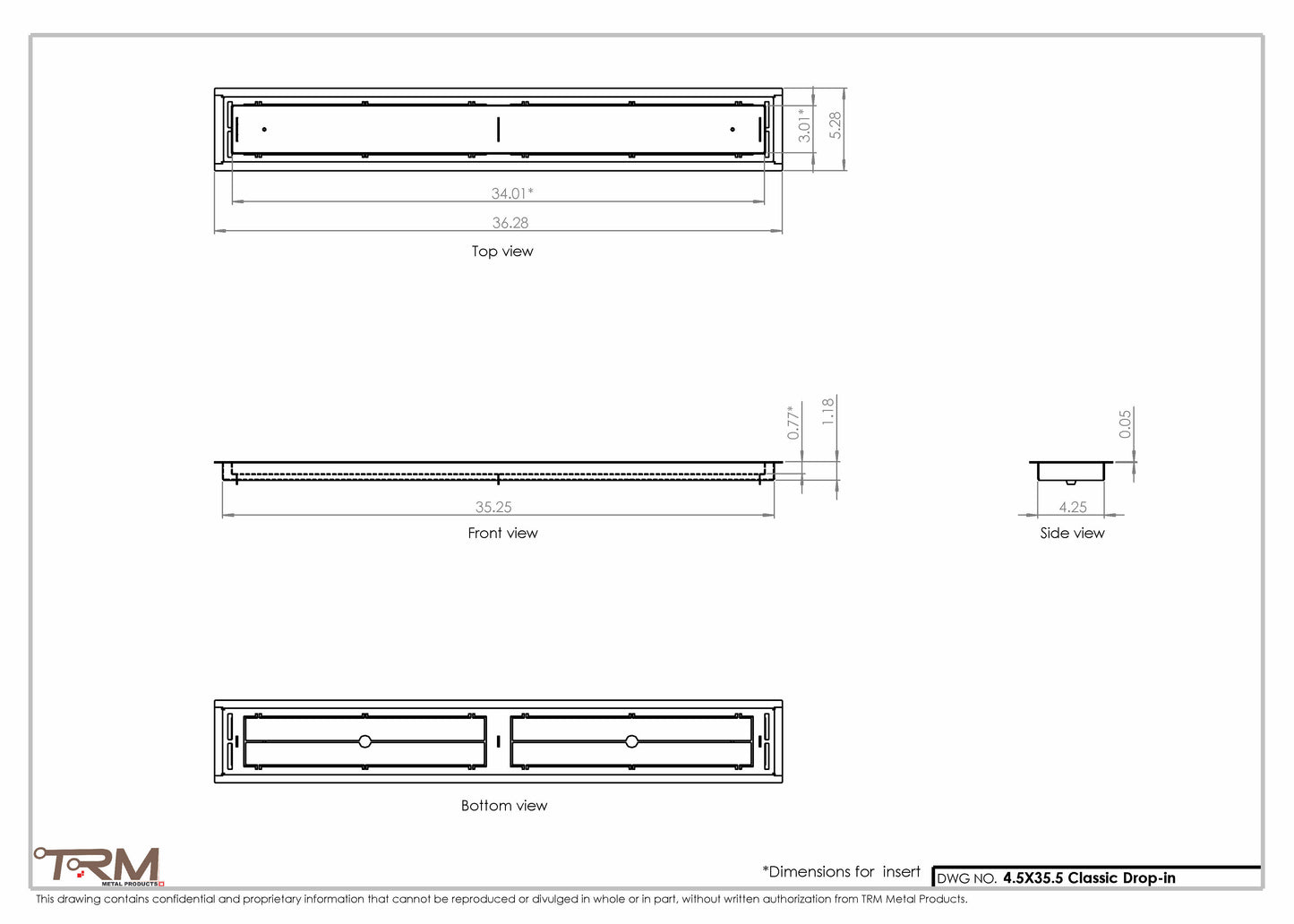 4.5x35.5 - Classic Drop-in Air Vent, Flush Floor-Matching, All Metal, Floor Vent Cover - TRM Metal  35.5x4.5