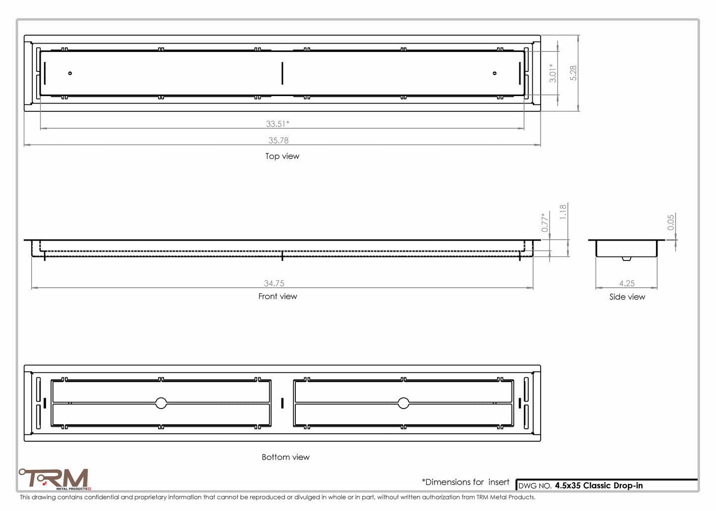 4.5x35 - Classic Drop-in Air Vent, Flush Floor-Matching, All Metal, Floor Vent Cover - TRM Metal  35x4.5