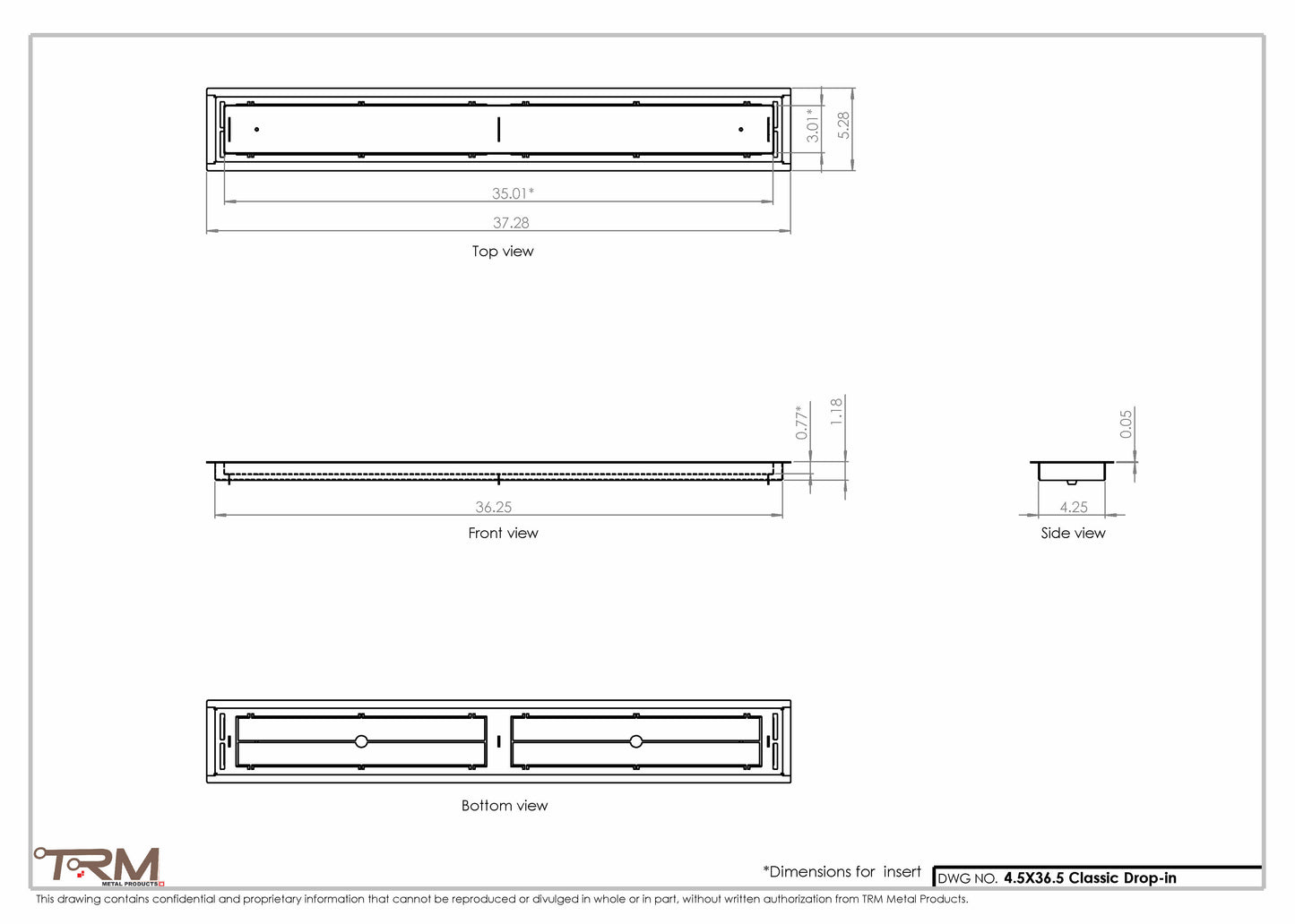 4.5x36.5 - Classic Drop-in Air Vent, Flush Floor-Matching, All Metal, Floor Vent Cover - TRM Metal  36.5x4.5