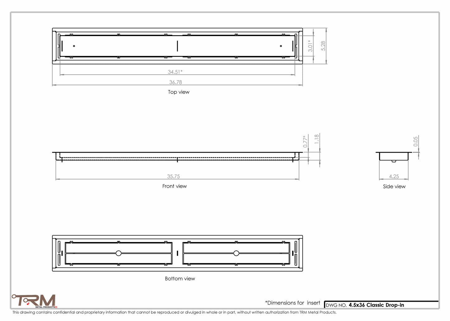 4.5x36 - Classic Drop-in Air Vent, Flush Floor-Matching, All Metal, Floor Vent Cover - TRM Metal  36x4.5