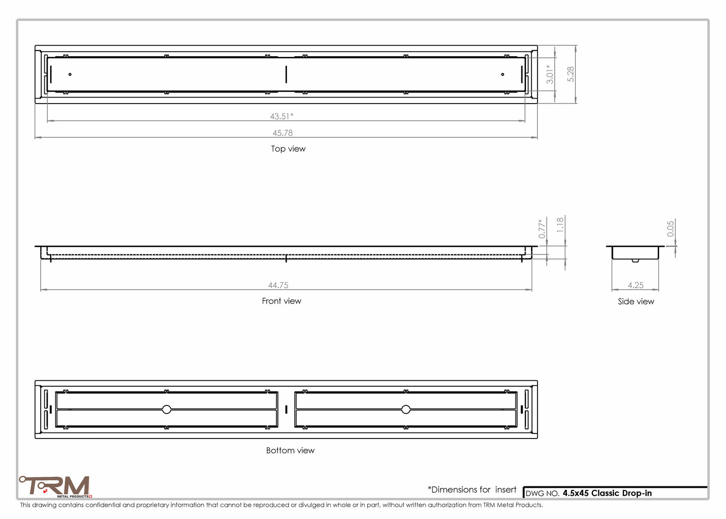 4.5x45 - Classic Drop-in Air Vent, Flush Floor-Matching, All Metal, Floor Vent Cover - TRM Metal  45x4.5