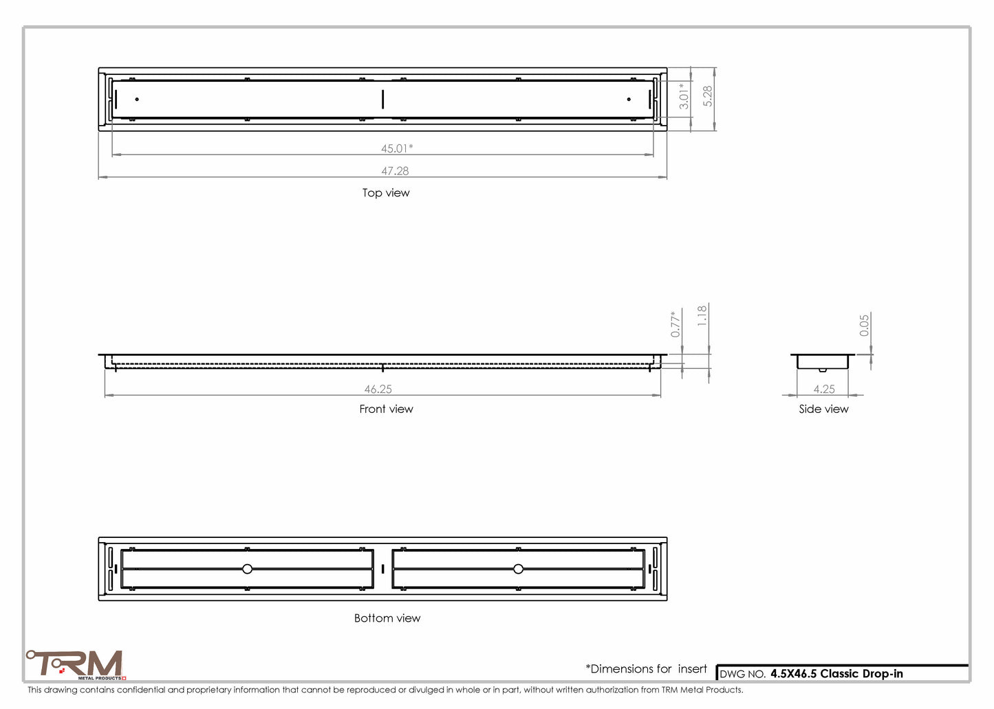 4.5x46.5 - Classic Drop-in Air Vent, Flush Floor-Matching, All Metal, Floor Vent Cover - TRM Metal  46.5x4.5