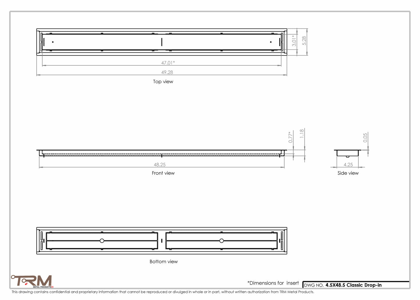 4.5x48.5 - Classic Drop-in Air Vent, Flush Floor-Matching, All Metal, Floor Vent Cover - TRM Metal  48.5x4.5