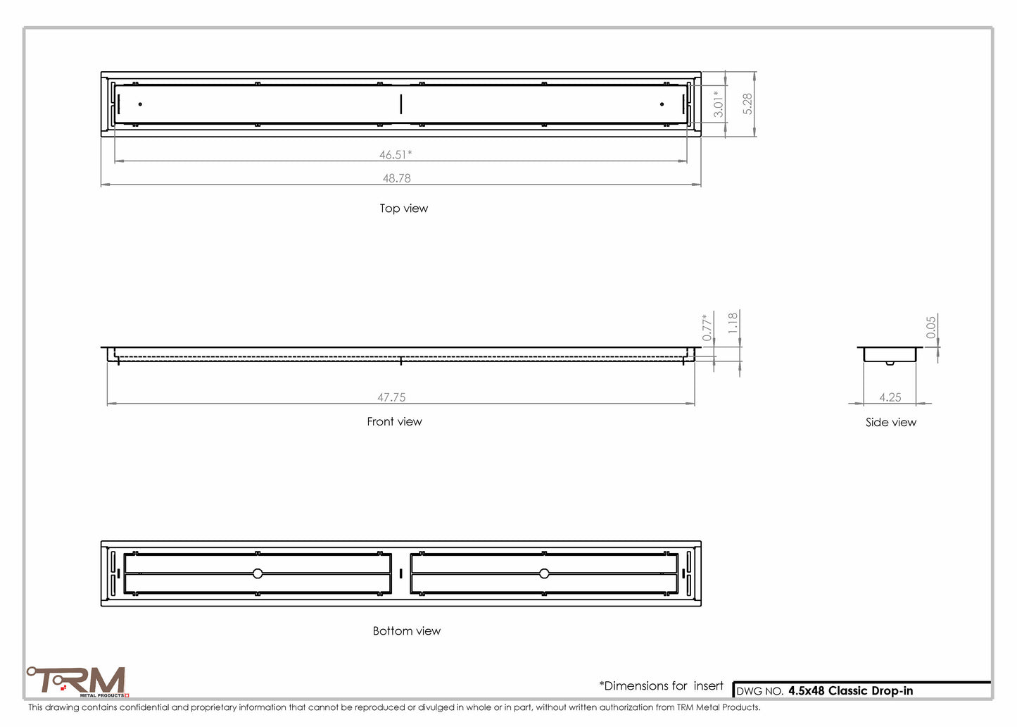 4.5x48 - Classic Drop-in Air Vent, Flush Floor-Matching, All Metal, Floor Vent Cover - TRM Metal  48x4.5