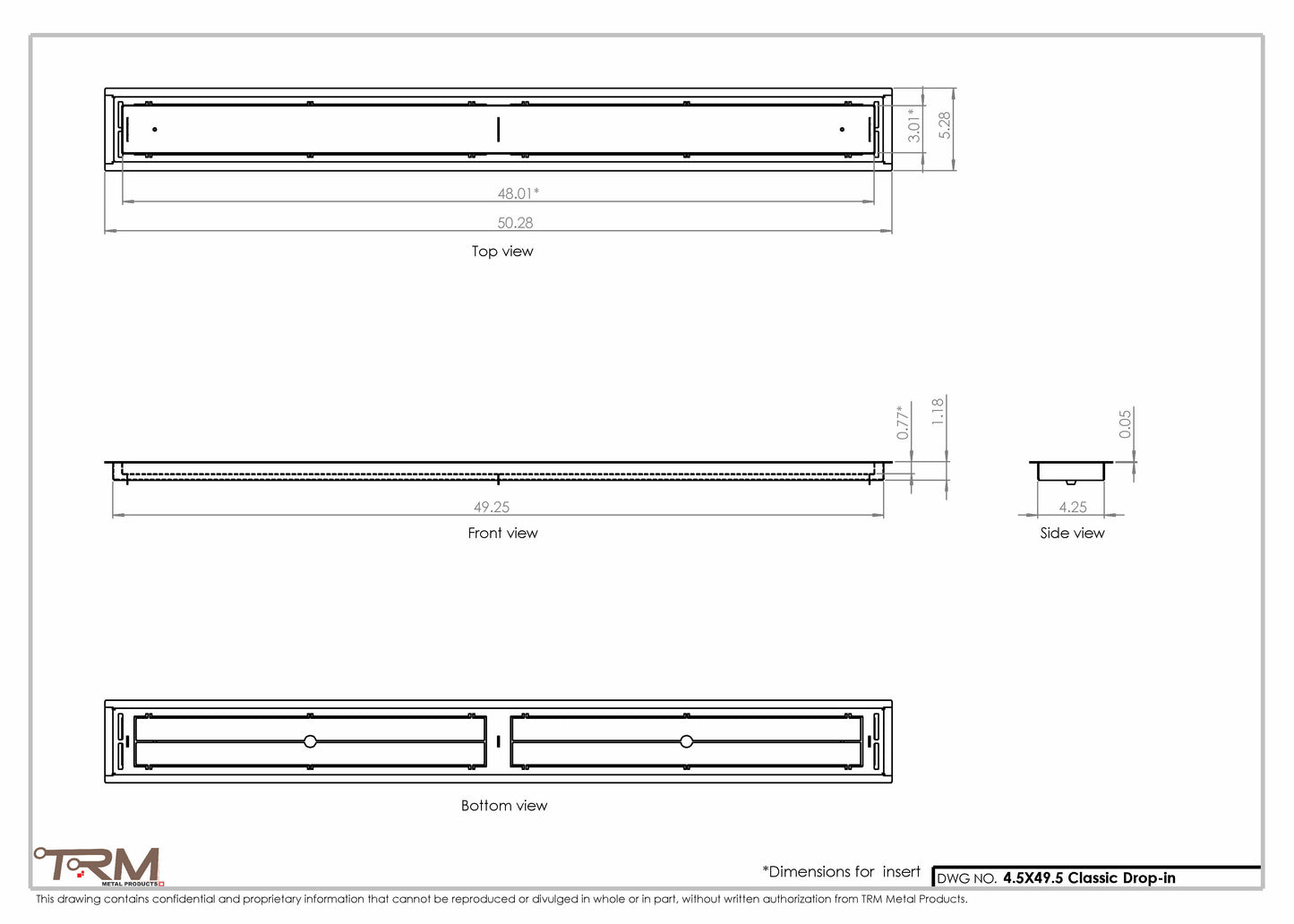 4.5x49.5 - Classic Drop-in Air Vent, Flush Floor-Matching, All Metal, Floor Vent Cover - TRM Metal  49.5x4.5
