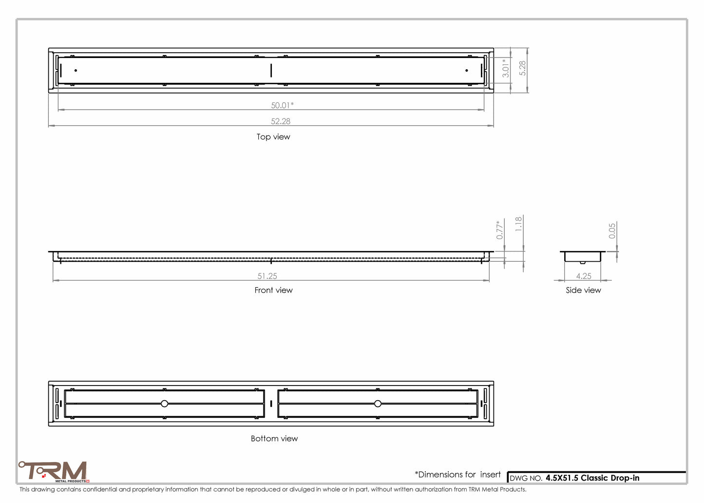 4.5x51.5 - Classic Drop-in Air Vent, Flush Floor-Matching, All Metal, Floor Vent Cover - TRM Metal  51.5x4.5
