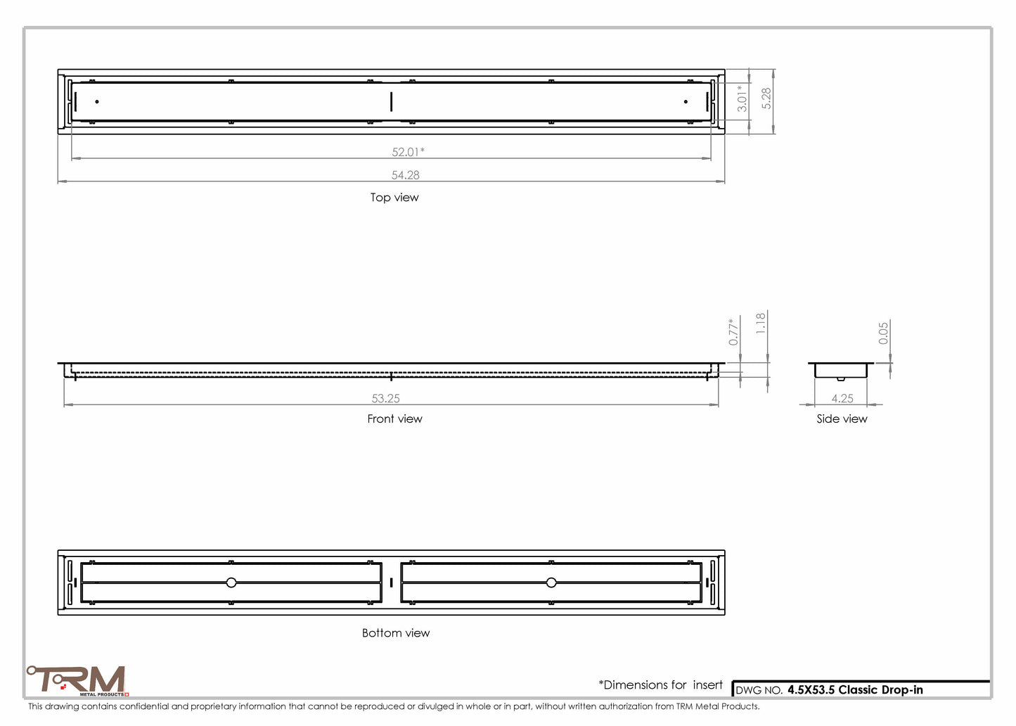 4.5x53.5 - Classic Drop-in Air Vent, Flush Floor-Matching, All Metal, Floor Vent Cover - TRM Metal  53.5x4.5