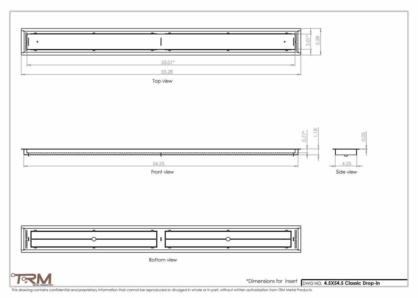 4.5x54.5 - Classic Drop-in Air Vent, Flush Floor-Matching, All Metal, Floor Vent Cover - TRM Metal  54.5x4.5