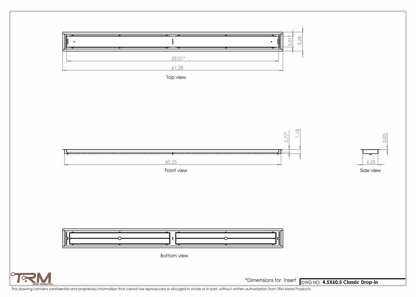4.5x60.5 - Classic Drop-in Air Vent, Flush Floor-Matching, All Metal, Floor Vent Cover - TRM Metal  60.5x4.5