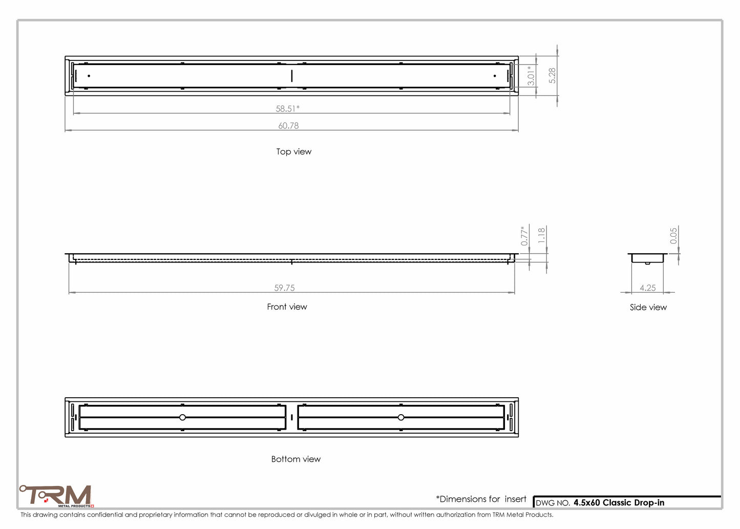 4.5x60 - Classic Drop-in Air Vent, Flush Floor-Matching, All Metal, Floor Vent Cover - TRM Metal  60x4.5