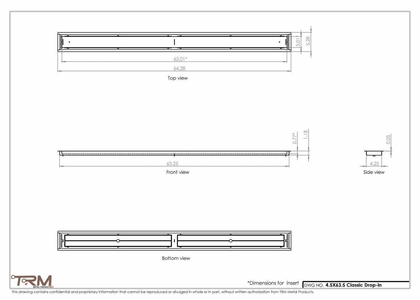 4.5x63.5 - Classic Drop-in Air Vent, Flush Floor-Matching, All Metal, Floor Vent Cover - TRM Metal  63.5x4.5