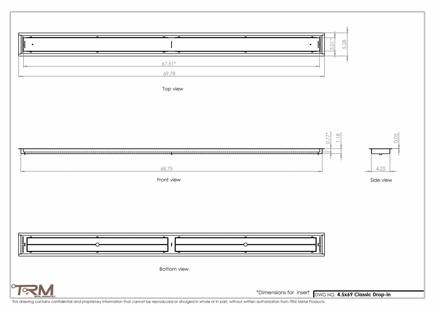 4.5x69 - Classic Drop-in Air Vent, Flush Floor-Matching, All Metal, Floor Vent Cover - TRM Metal  69x4.5