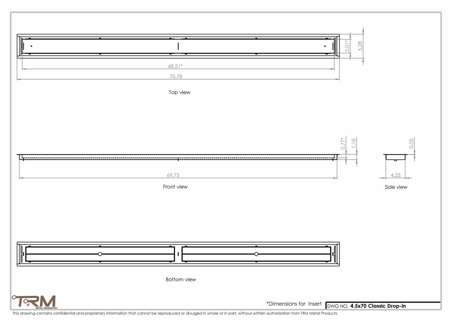 4.5x70 - Classic Drop-in Air Vent, Flush Floor-Matching, All Metal, Floor Vent Cover - TRM Metal  70x4.5