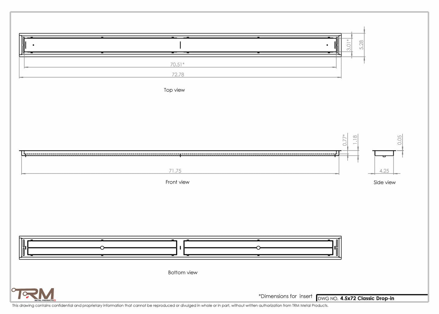 4.5x72 - Classic Drop-in Air Vent, Flush Floor-Matching, All Metal, Floor Vent Cover - TRM Metal  72x4.5