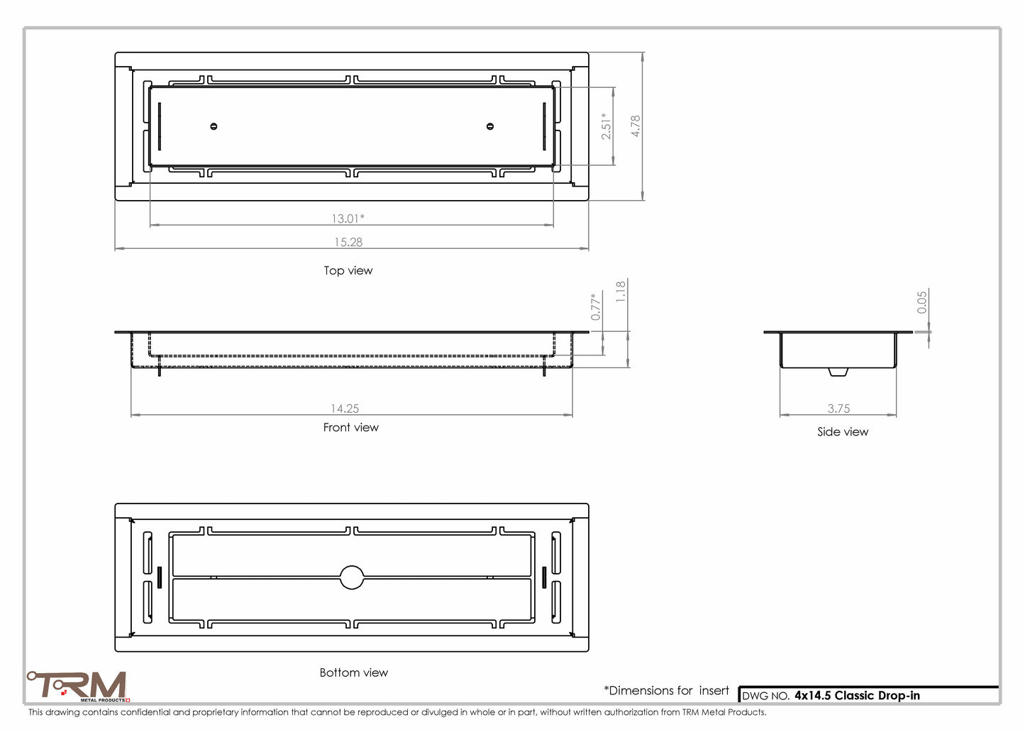 4x14.5 - Classic Drop-in Air Vent, Flush Floor-Matching, All Metal, Floor Vent Cover - TRM Metal  14.5x4