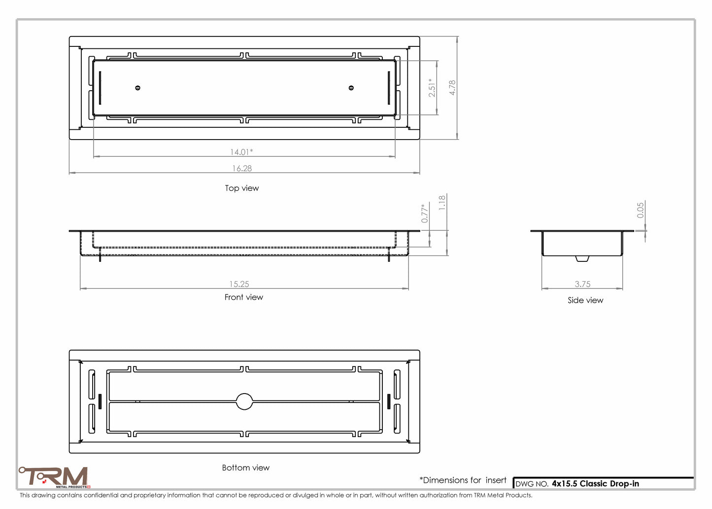 4x15.5 - Classic Drop-in Air Vent, Flush Floor-Matching, All Metal, Floor Vent Cover - TRM Metal  15.5x4
