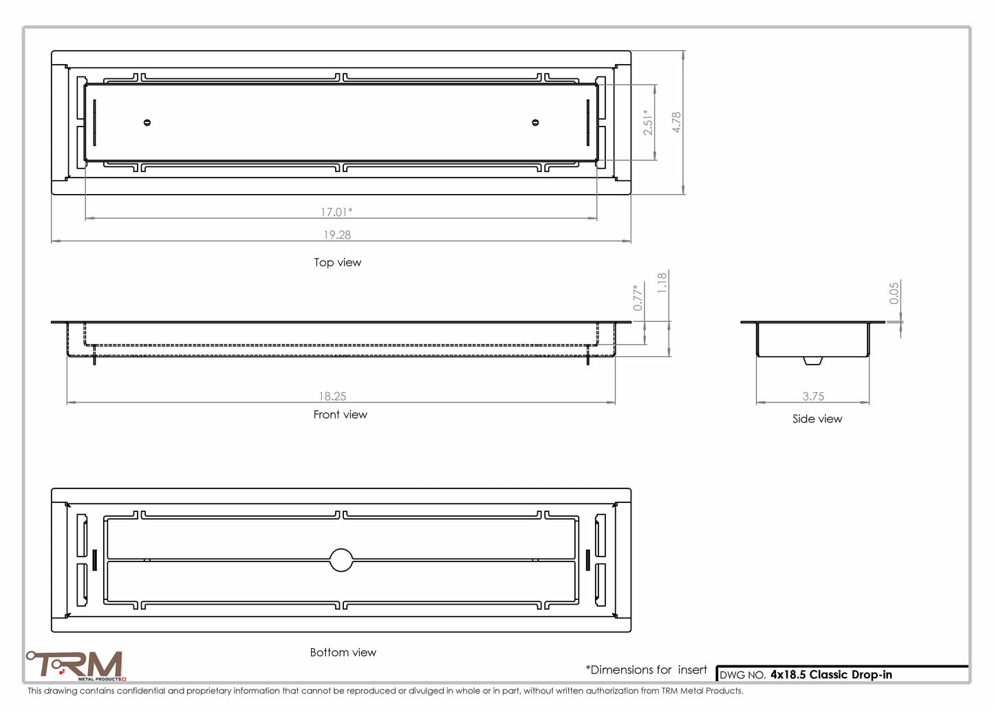 4x18.5 - Classic Drop-in Air Vent, Flush Floor-Matching, All Metal, Floor Vent Cover - TRM Metal  18.5x4