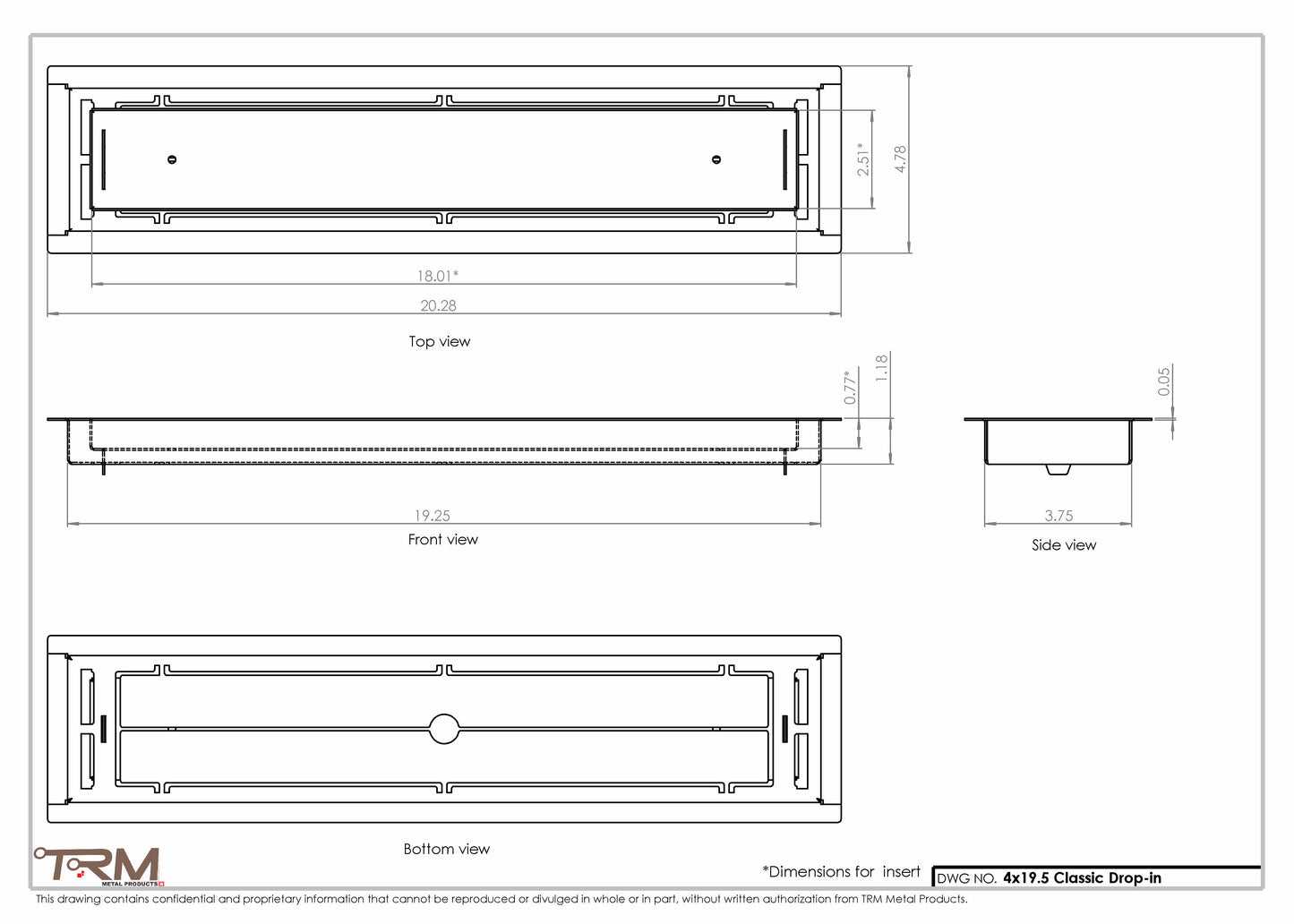 4x19.5 - Classic Drop-in Air Vent, Flush Floor-Matching, All Metal, Floor Vent Cover - TRM Metal  19.5x4