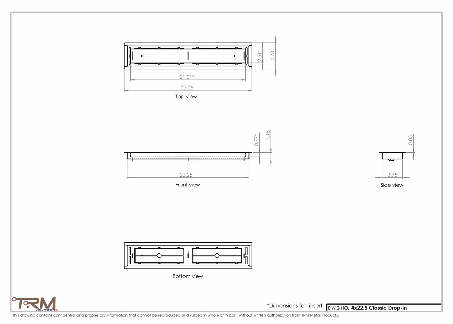 4x22.5 - Classic Drop-in Air Vent, Flush Floor-Matching, All Metal, Floor Vent Cover - TRM Metal  22.5x4