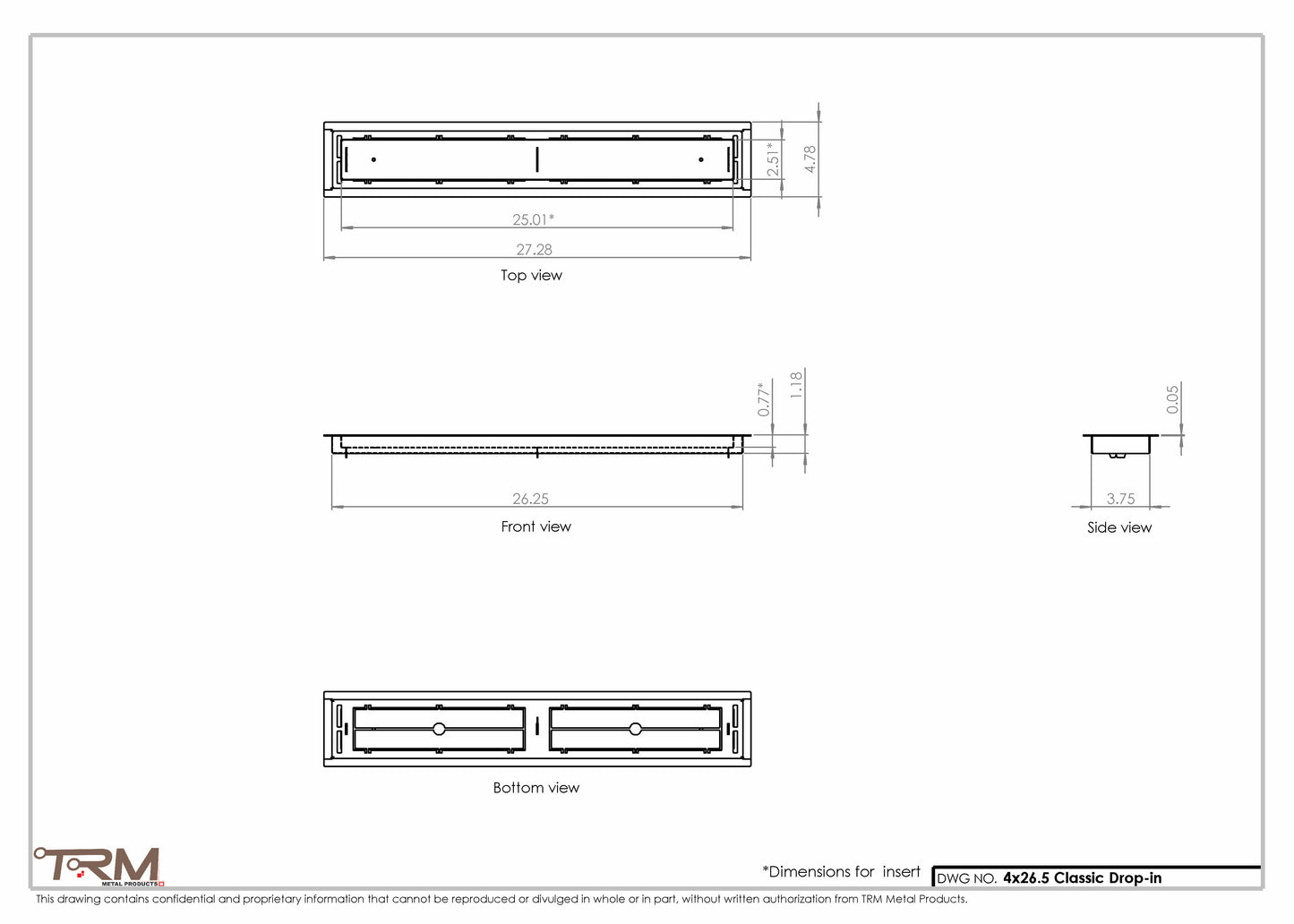 4x26.5 - Classic Drop-in Air Vent, Flush Floor-Matching, All Metal, Floor Vent Cover - TRM Metal  26.5x4