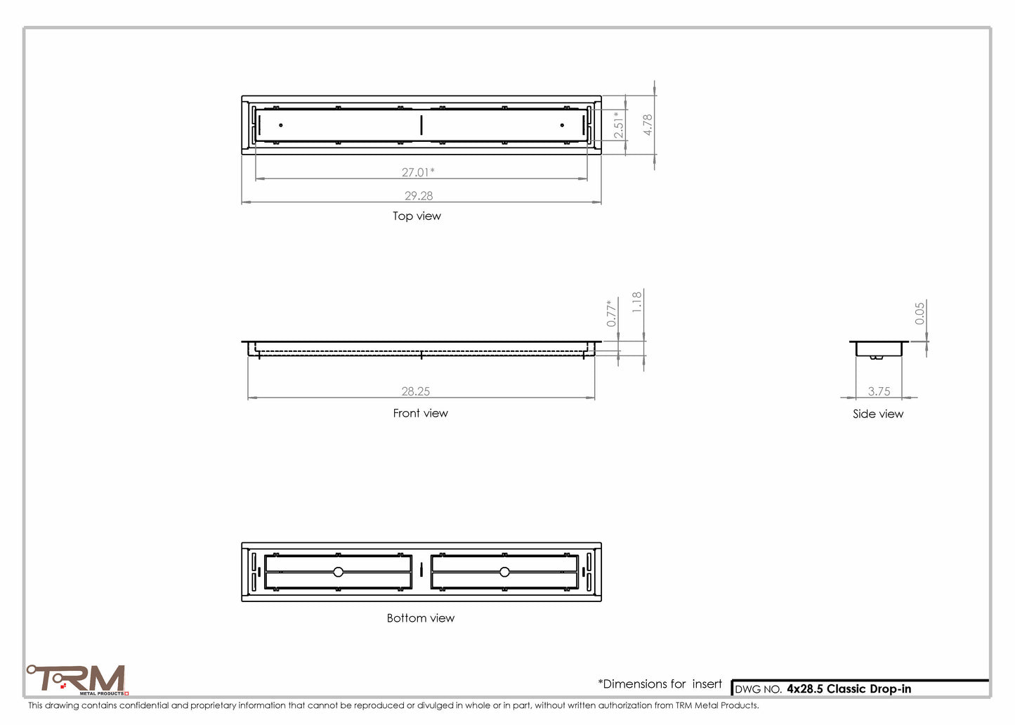 4x28.5 - Classic Drop-in Air Vent, Flush Floor-Matching, All Metal, Floor Vent Cover - TRM Metal  28.5x4
