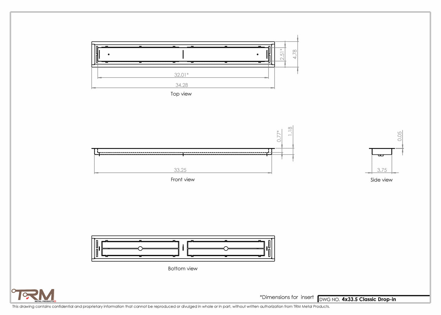 4x33.5 - Classic Drop-in Air Vent, Flush Floor-Matching, All Metal, Floor Vent Cover - TRM Metal  33.5x4