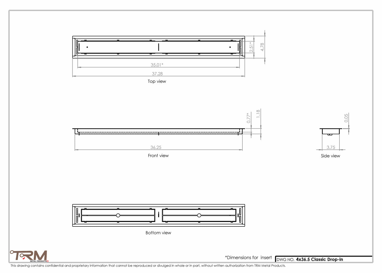 4x36.5 - Classic Drop-in Air Vent, Flush Floor-Matching, All Metal, Floor Vent Cover - TRM Metal  36.5x4